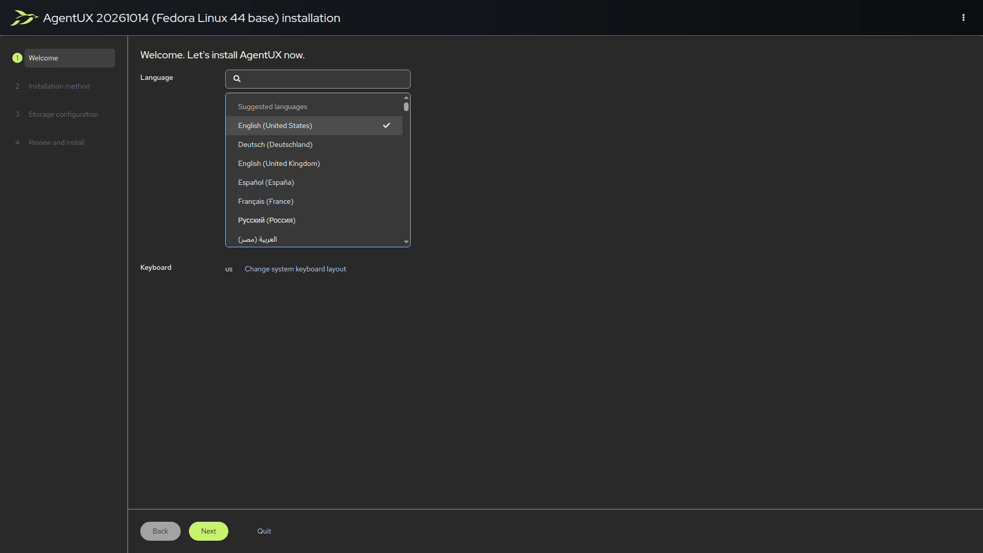 The AgentUX web installer on the live ISO.